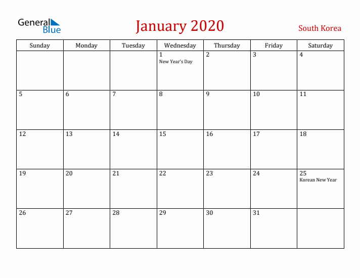 South Korea January 2020 Calendar - Sunday Start