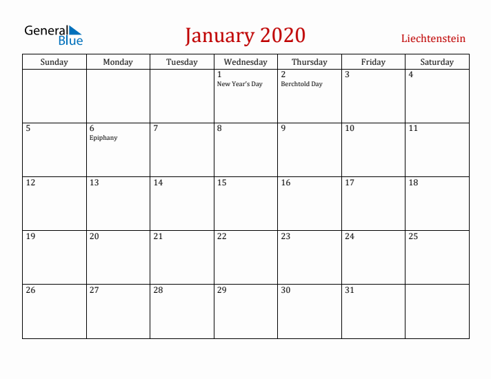 Liechtenstein January 2020 Calendar - Sunday Start