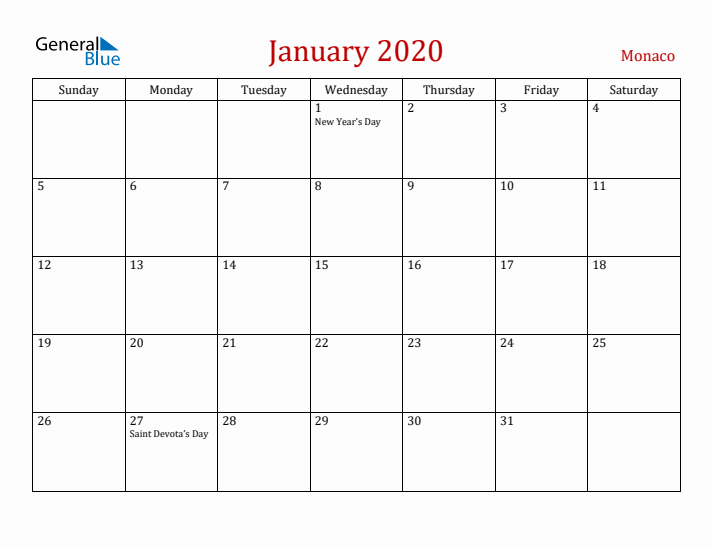 Monaco January 2020 Calendar - Sunday Start