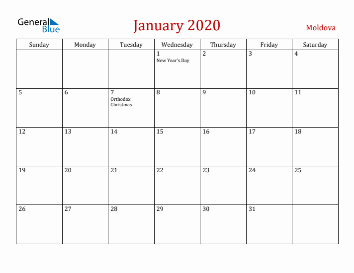 Moldova January 2020 Calendar - Sunday Start