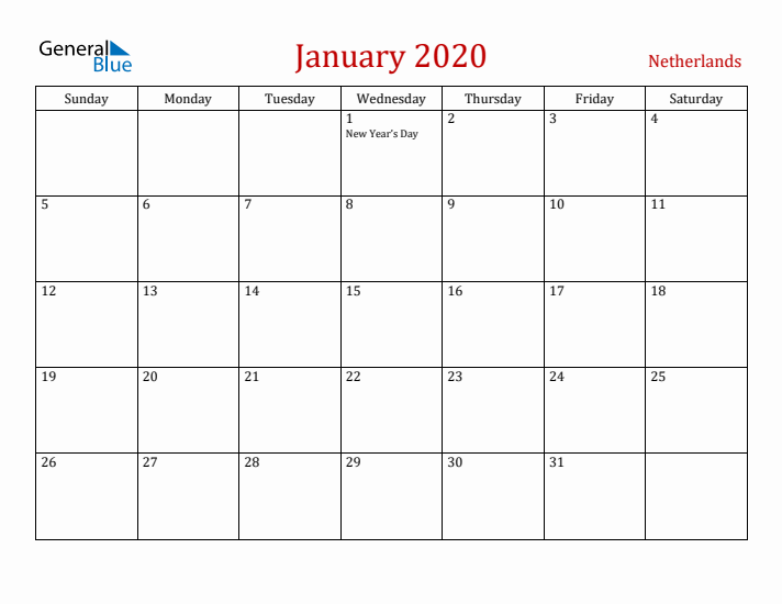 The Netherlands January 2020 Calendar - Sunday Start