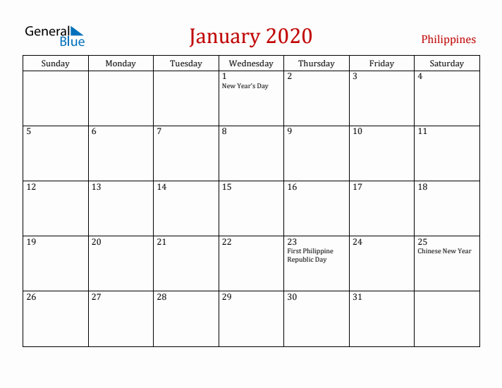 Philippines January 2020 Calendar - Sunday Start
