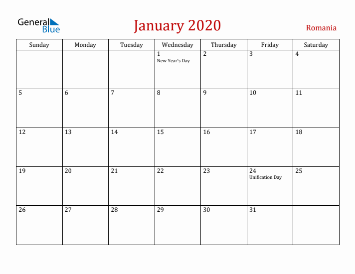 Romania January 2020 Calendar - Sunday Start
