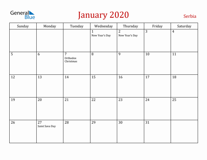 Serbia January 2020 Calendar - Sunday Start