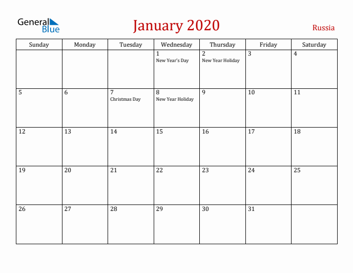 Russia January 2020 Calendar - Sunday Start