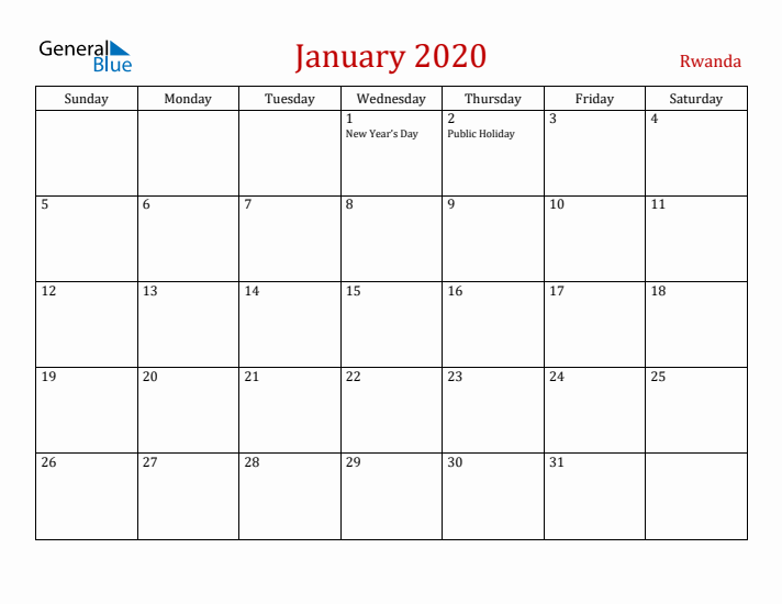 Rwanda January 2020 Calendar - Sunday Start