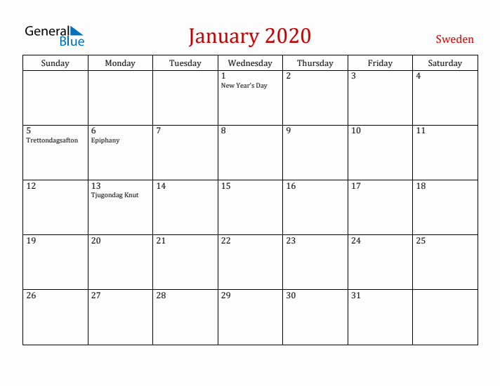 Sweden January 2020 Calendar - Sunday Start