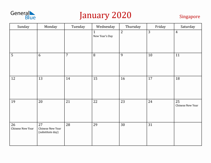 Singapore January 2020 Calendar - Sunday Start