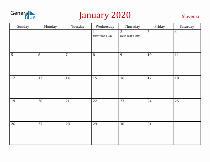 Slovenia January 2020 Calendar - Sunday Start