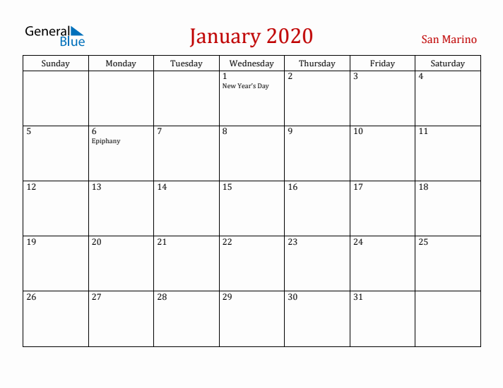 San Marino January 2020 Calendar - Sunday Start