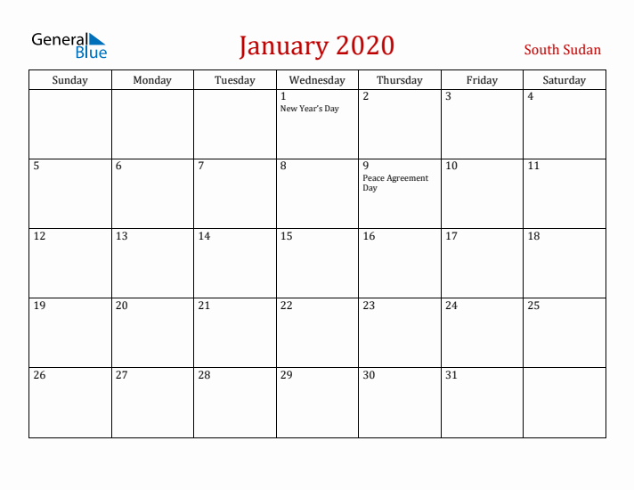 South Sudan January 2020 Calendar - Sunday Start