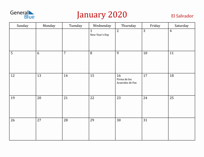 El Salvador January 2020 Calendar - Sunday Start