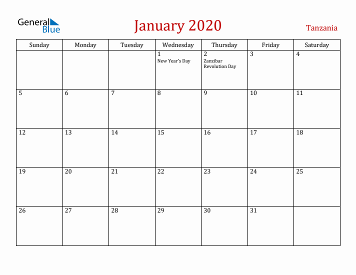 Tanzania January 2020 Calendar - Sunday Start
