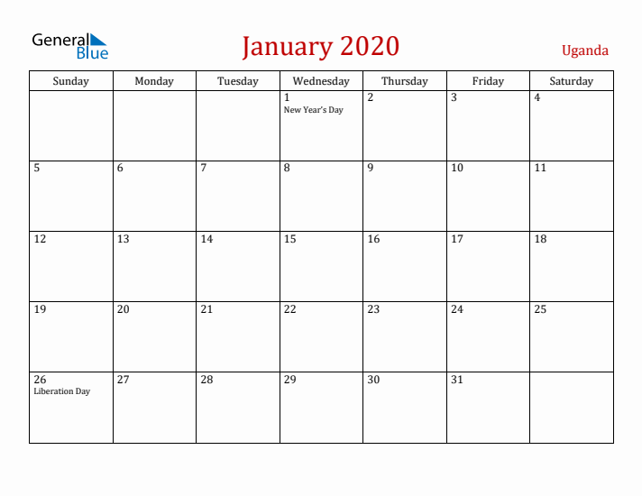 Uganda January 2020 Calendar - Sunday Start