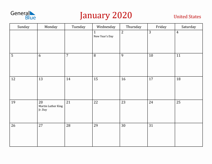 United States January 2020 Calendar - Sunday Start