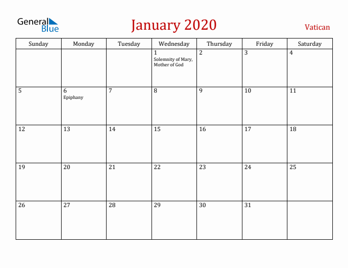 Vatican January 2020 Calendar - Sunday Start