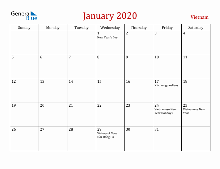 Vietnam January 2020 Calendar - Sunday Start