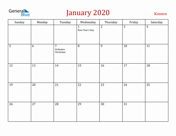 Kosovo January 2020 Calendar - Sunday Start