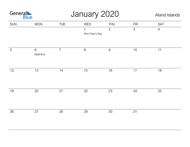 Printable January 2020 Calendar for Aland Islands