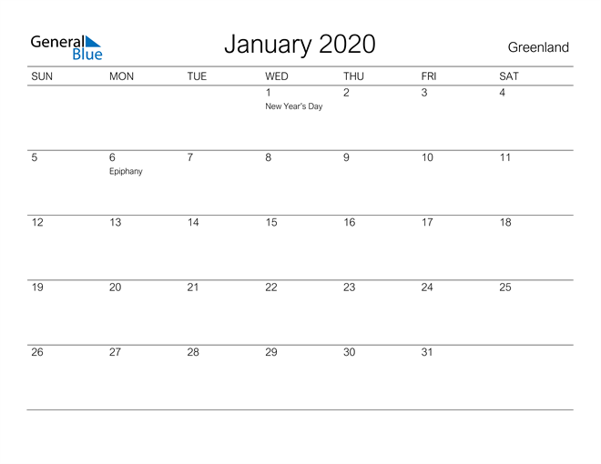 Printable January 2020 Calendar for Greenland