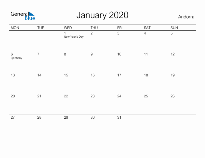 Printable January 2020 Calendar for Andorra