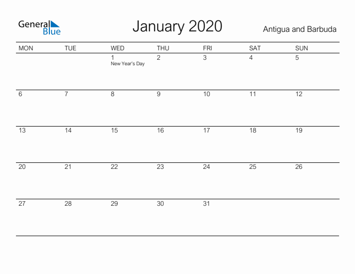 Printable January 2020 Calendar for Antigua and Barbuda