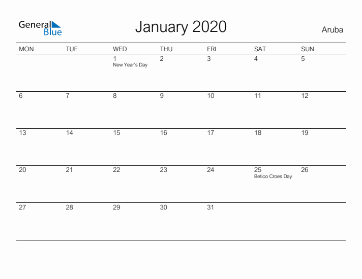 Printable January 2020 Calendar for Aruba