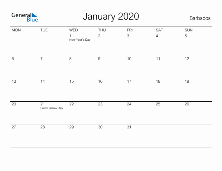 Printable January 2020 Calendar for Barbados
