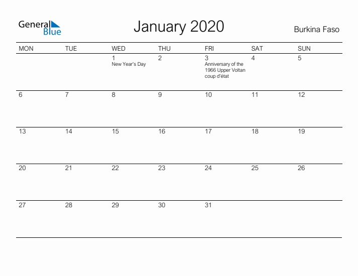 Printable January 2020 Calendar for Burkina Faso