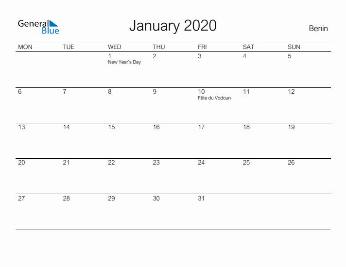 Printable January 2020 Calendar for Benin