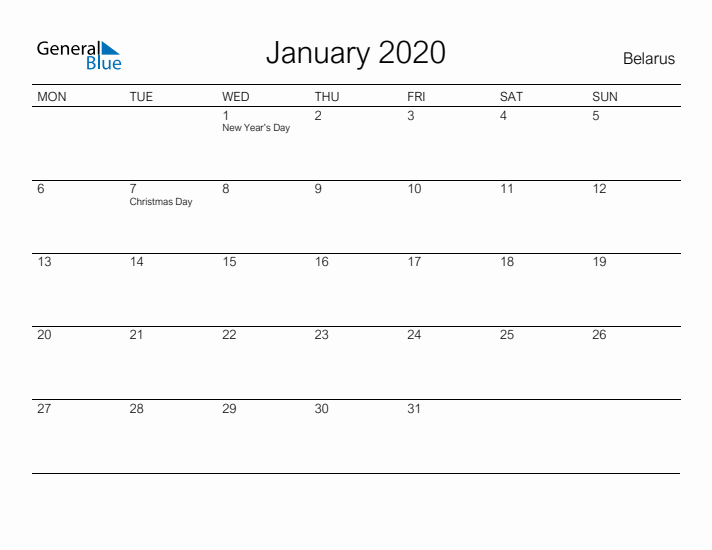 Printable January 2020 Calendar for Belarus