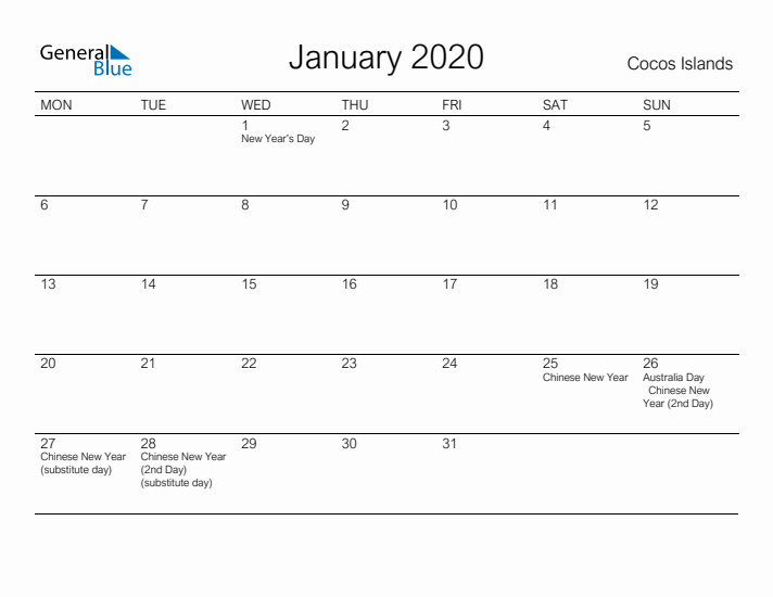Printable January 2020 Calendar for Cocos Islands