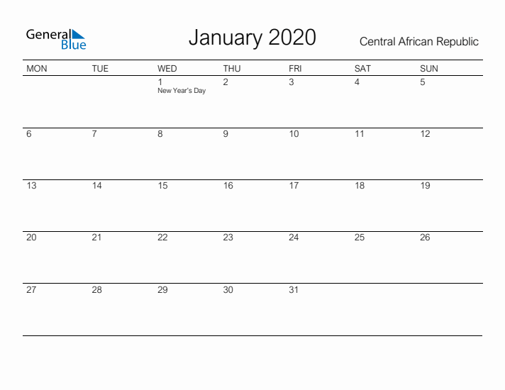 Printable January 2020 Calendar for Central African Republic