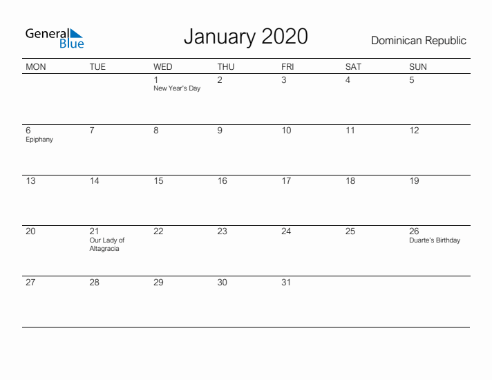 Printable January 2020 Calendar for Dominican Republic