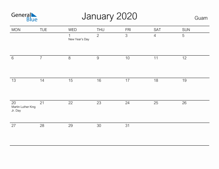 Printable January 2020 Calendar for Guam