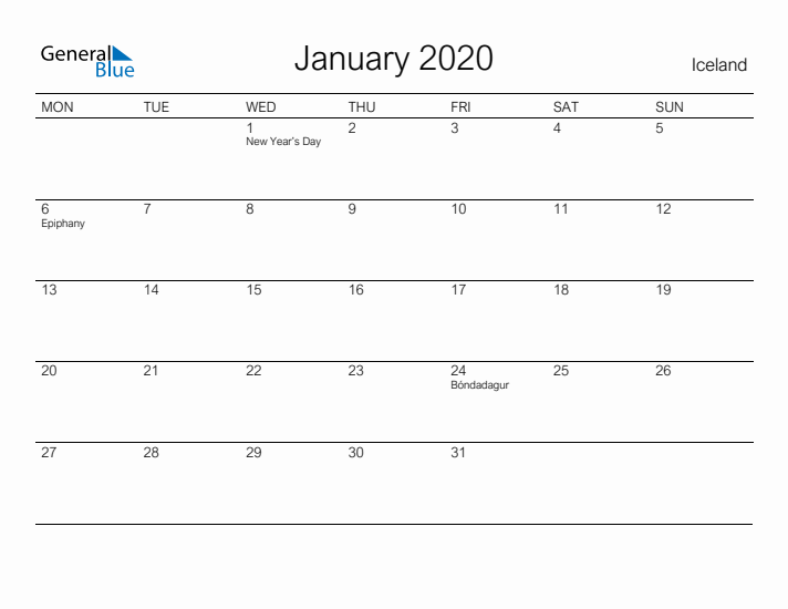 Printable January 2020 Calendar for Iceland