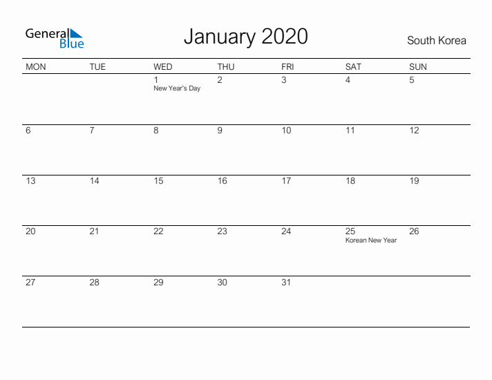 Printable January 2020 Calendar for South Korea