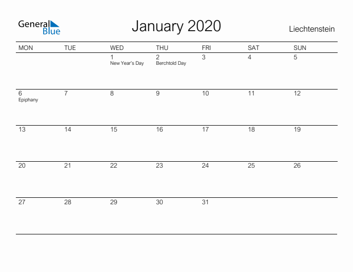 Printable January 2020 Calendar for Liechtenstein