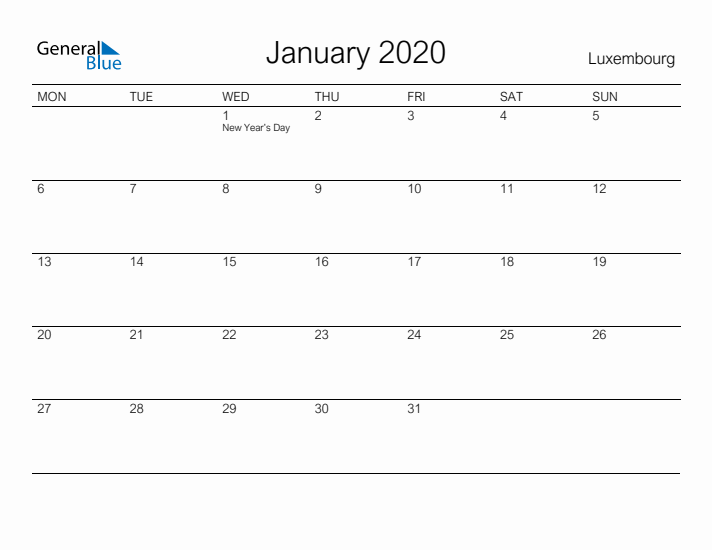 Printable January 2020 Calendar for Luxembourg
