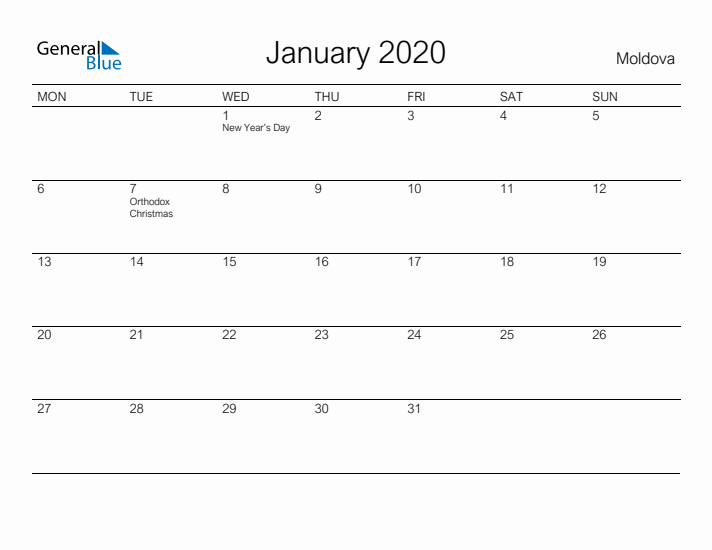 Printable January 2020 Calendar for Moldova