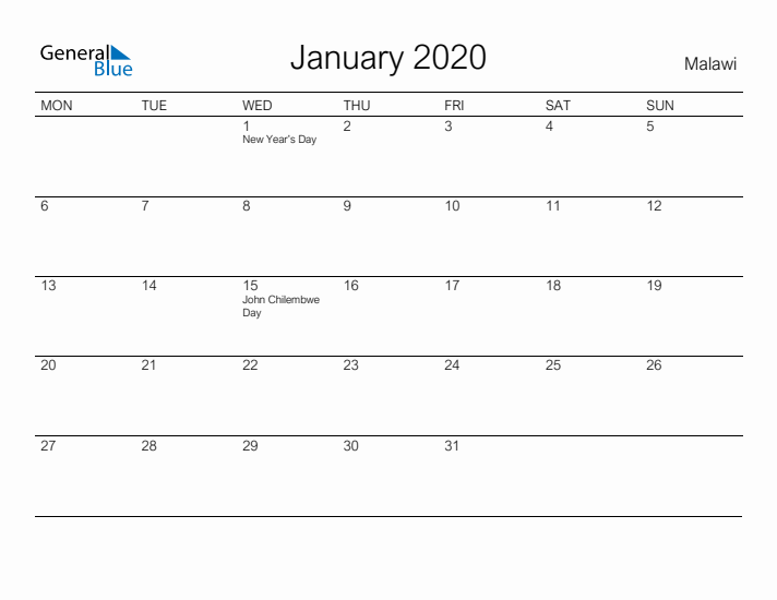 Printable January 2020 Calendar for Malawi