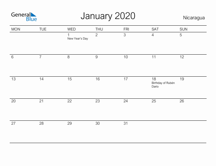 Printable January 2020 Calendar for Nicaragua