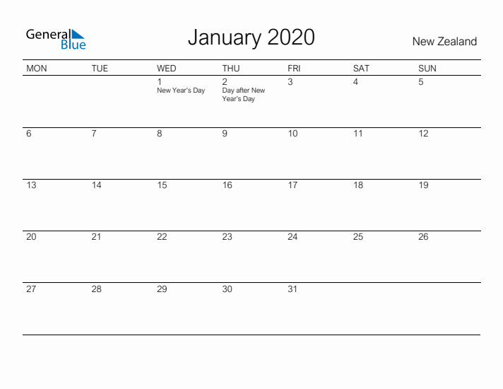 Printable January 2020 Calendar for New Zealand