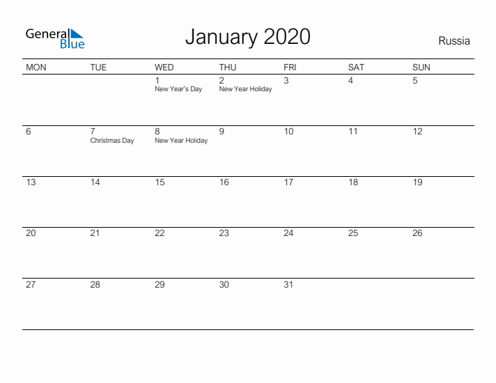 Printable January 2020 Calendar for Russia