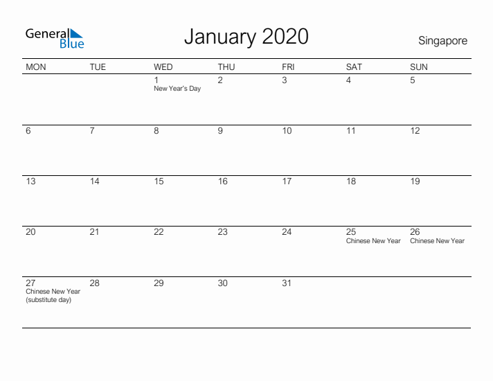 Printable January 2020 Calendar for Singapore