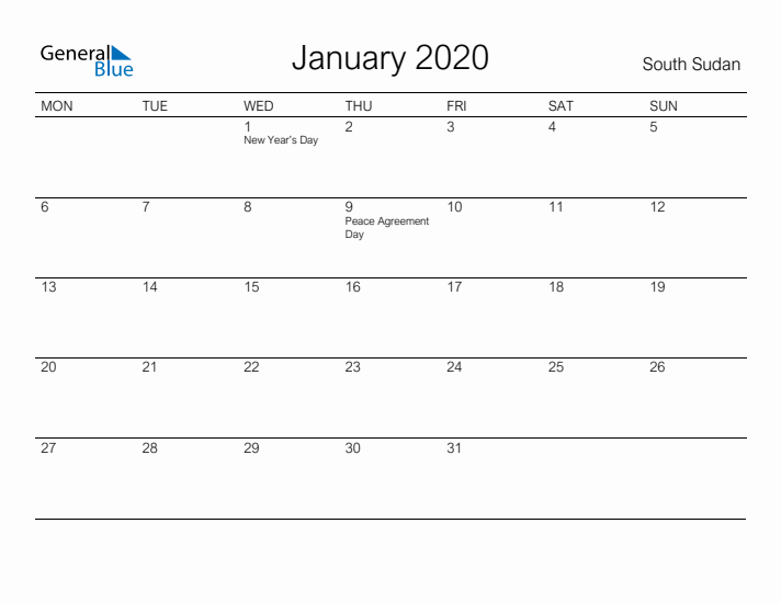 Printable January 2020 Calendar for South Sudan