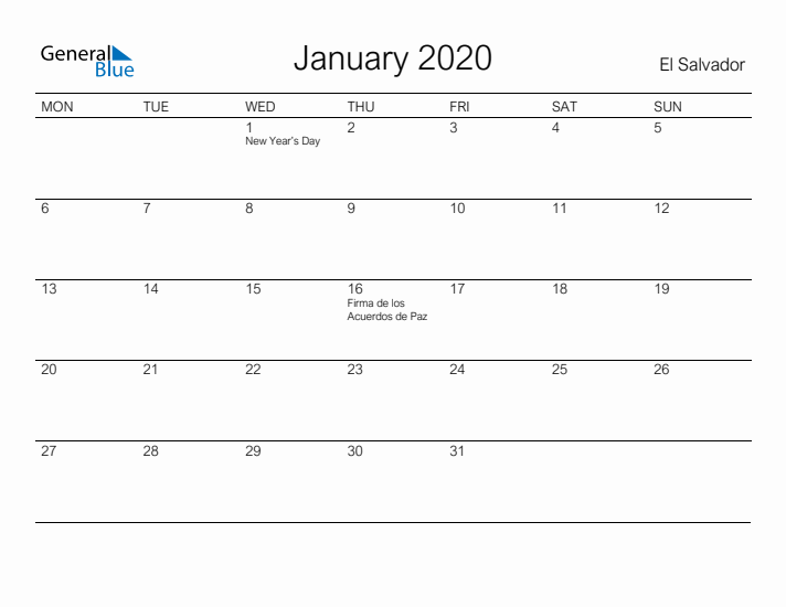 Printable January 2020 Calendar for El Salvador