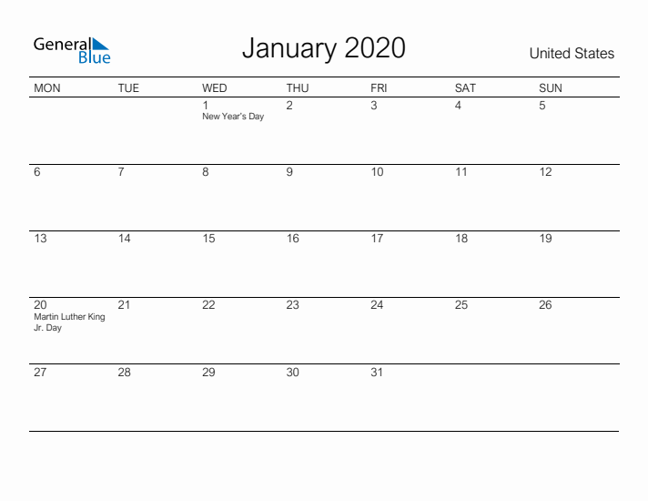 Printable January 2020 Calendar for United States