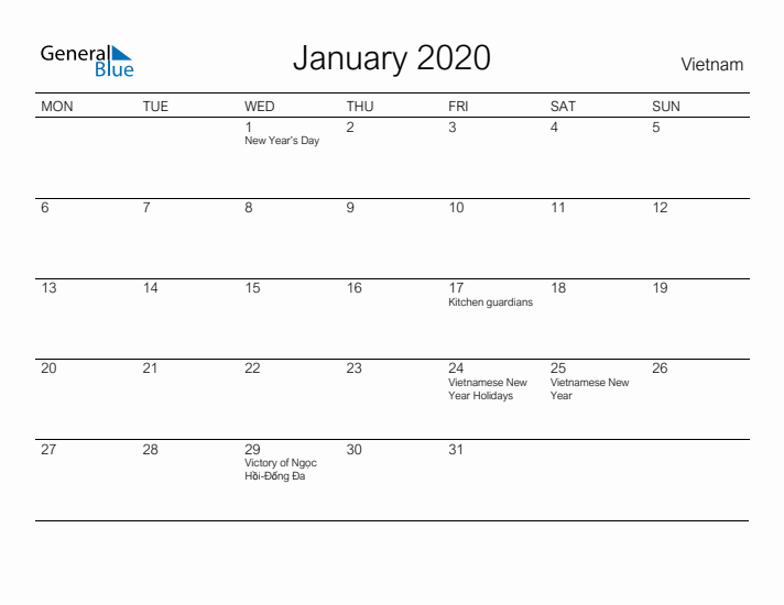 Printable January 2020 Calendar for Vietnam