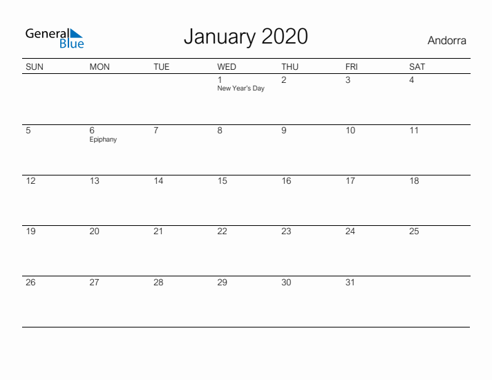 Printable January 2020 Calendar for Andorra